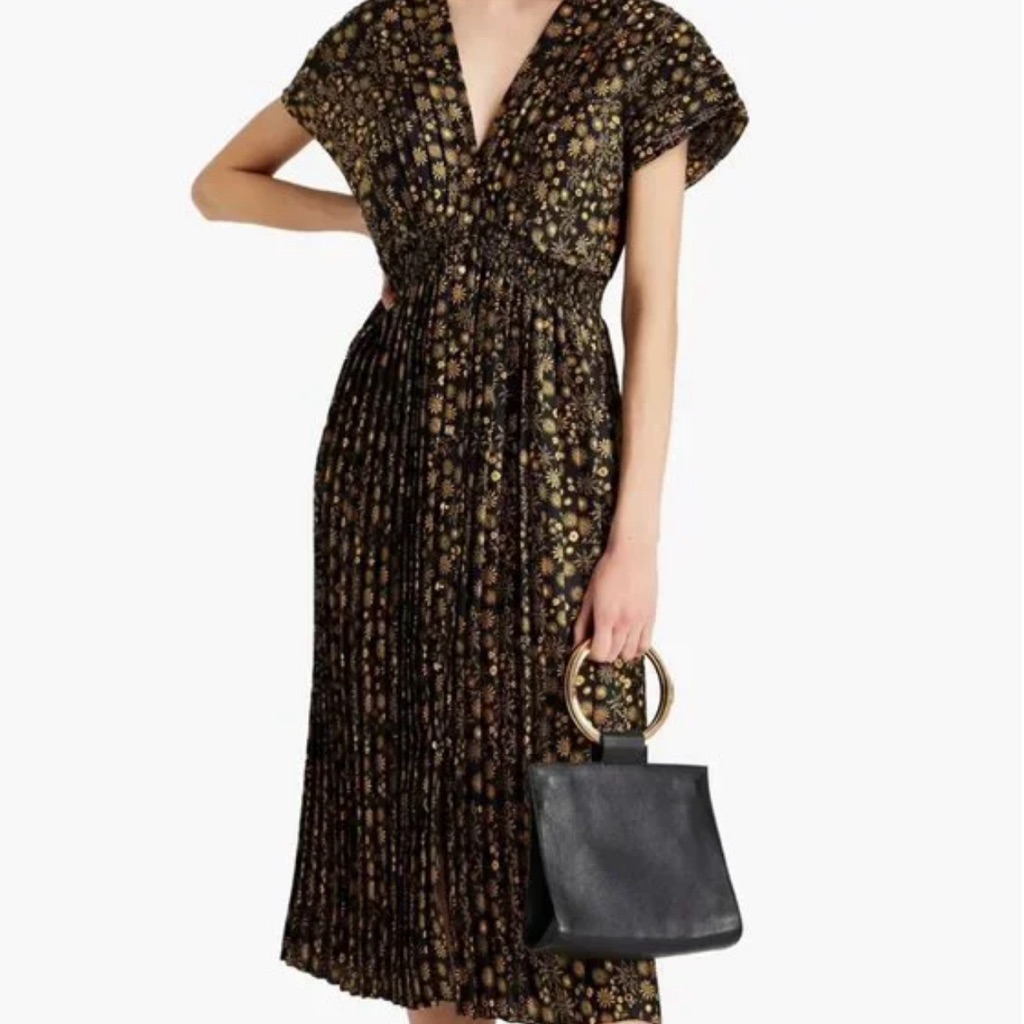 Nwt Sandro Vienne Pleated Printed Satin-Twill Midi Dress In Black Sandro